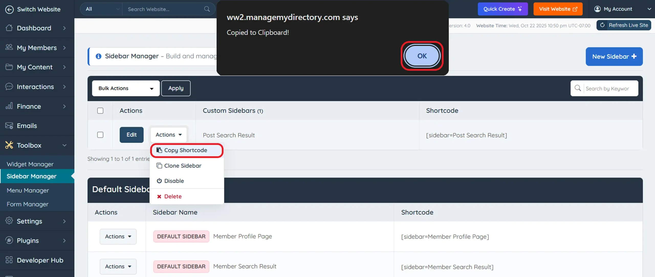 copy sidebar shortcode in brilliant directories sidebar manager