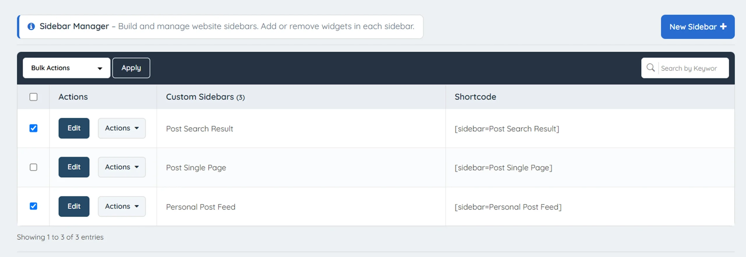 enable or disable selected sidebars bulk apply brilliant directories