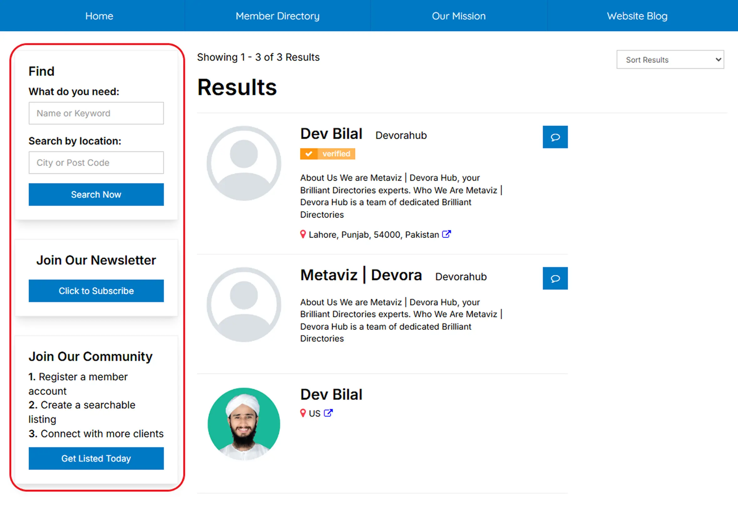 member search results page sidebar brilliant directories example