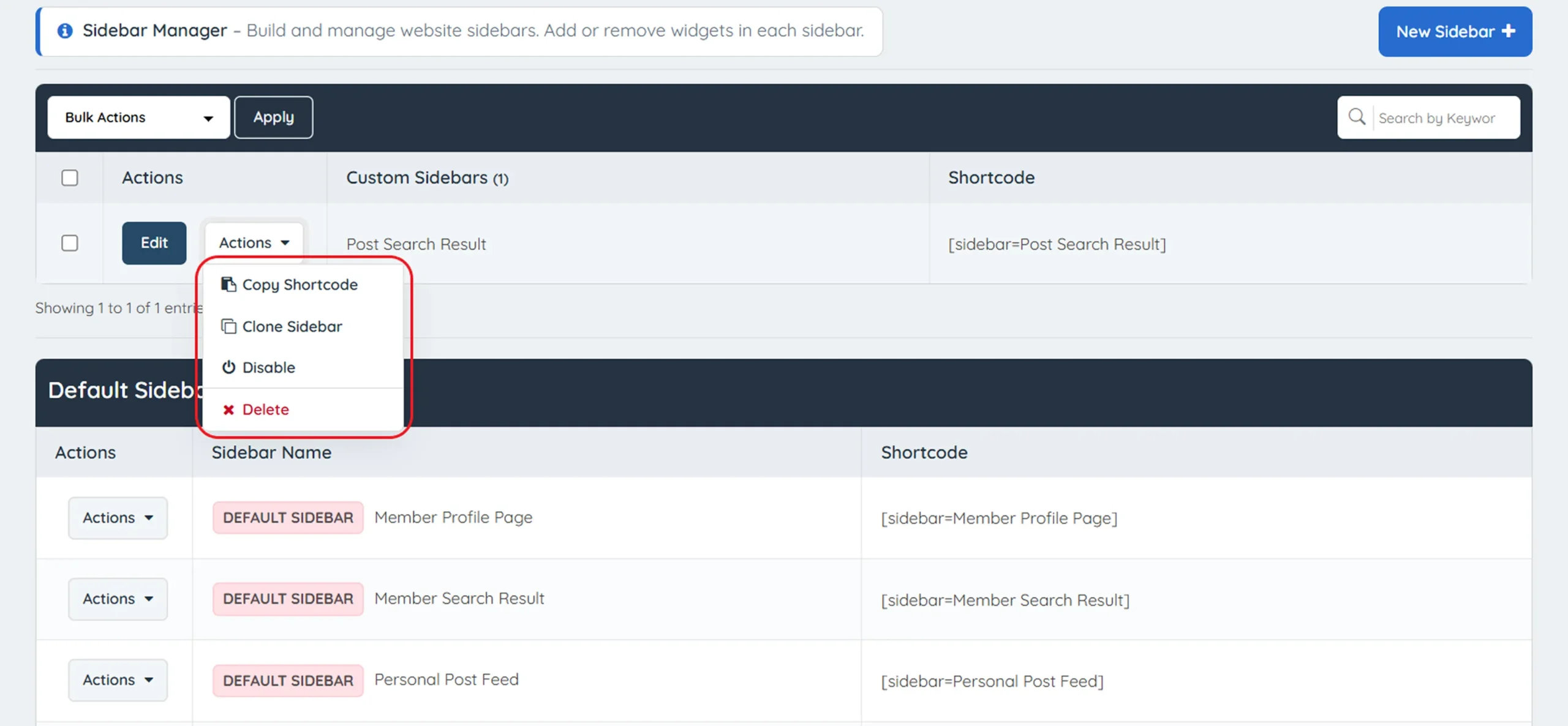 sidebar manager actions clone disable delete options brilliant directories
