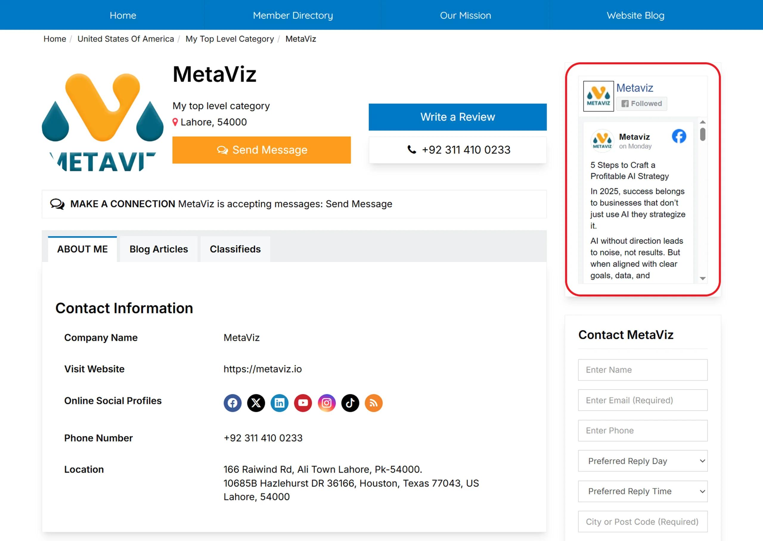 Facebook feed widget displayed on a Brilliant Directories member profile page