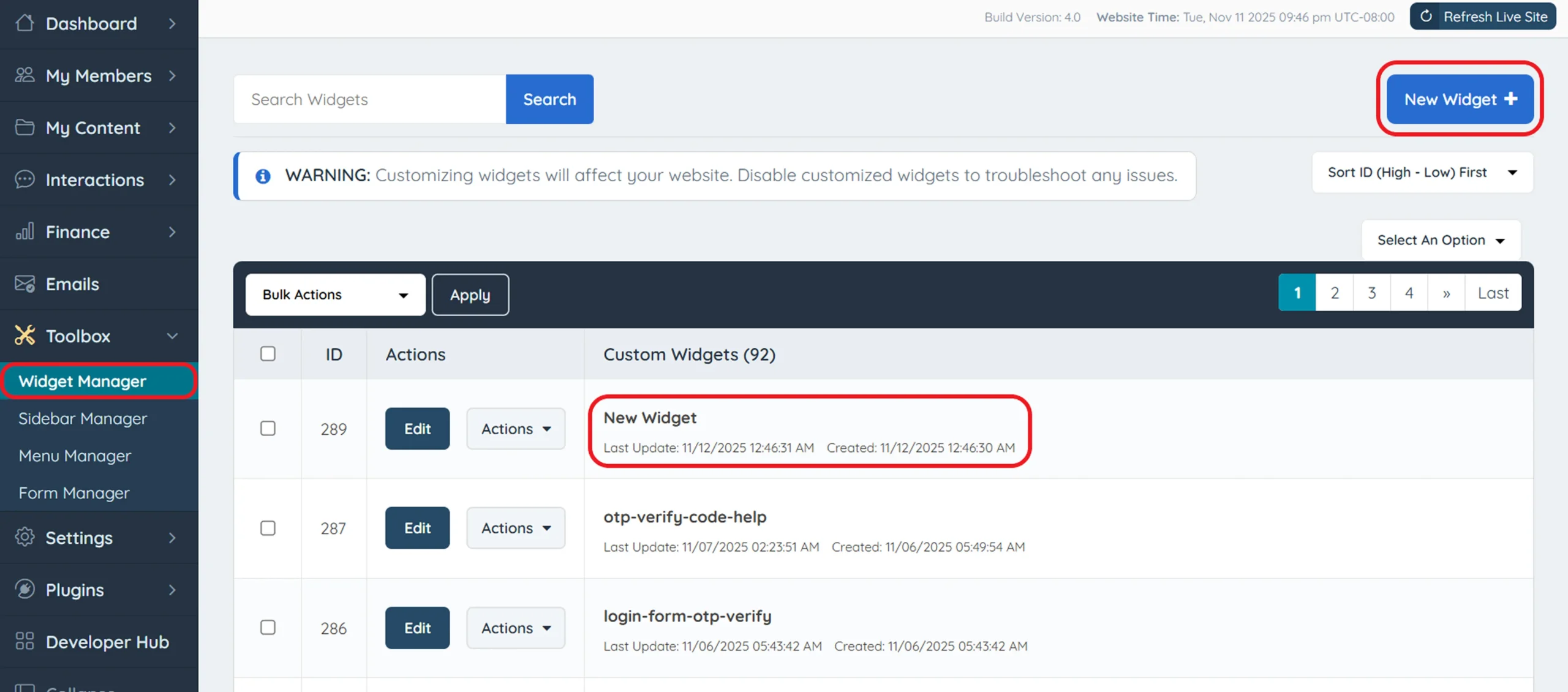 Brilliant Directories Widget Manager new widget creation screen