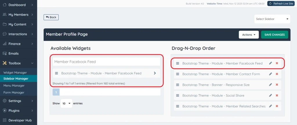 Drag-and-drop Facebook Feed widget inside the Member Profile Page sidebar settings