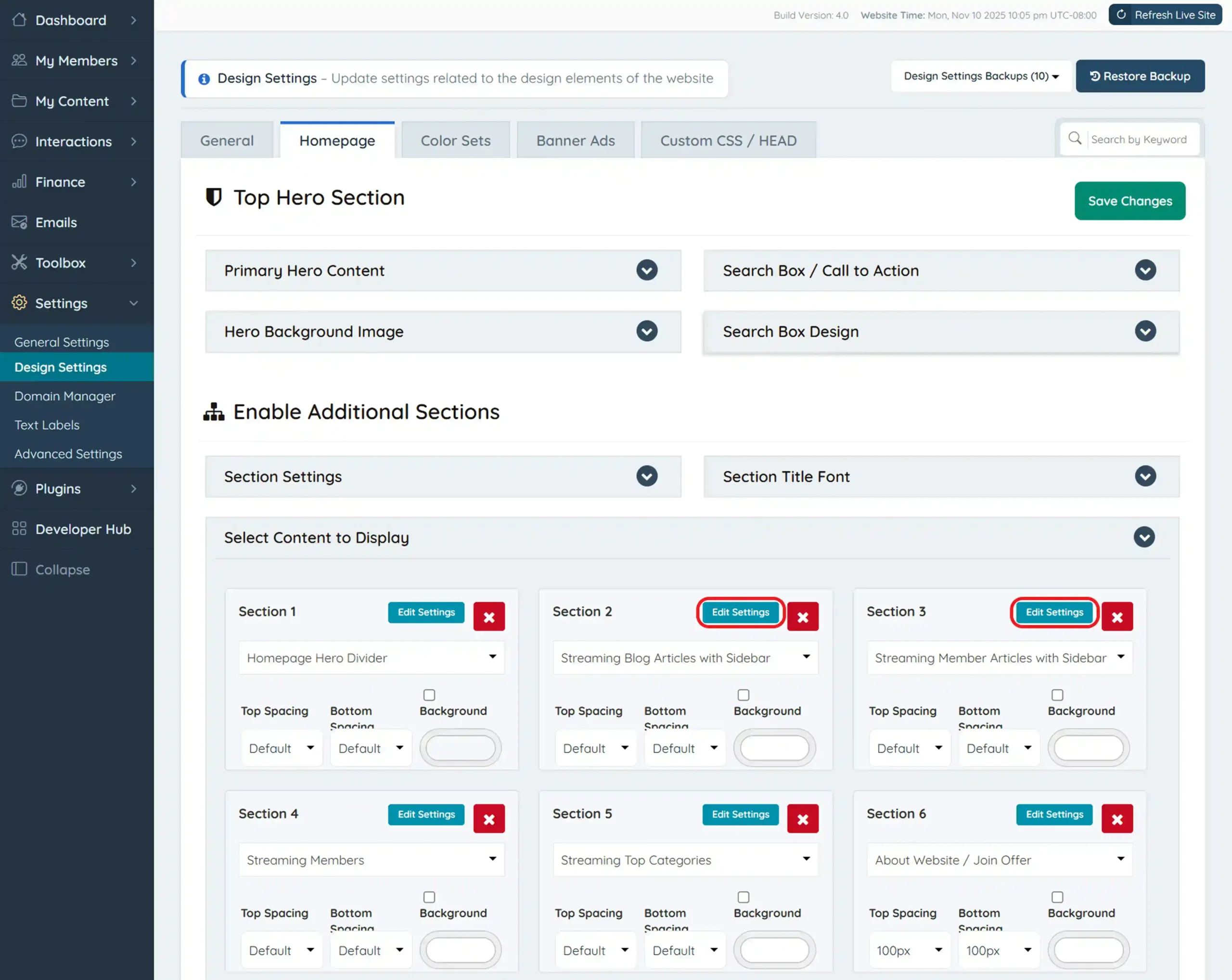 Edit settings panel highlighting homepage sidebar configuration options