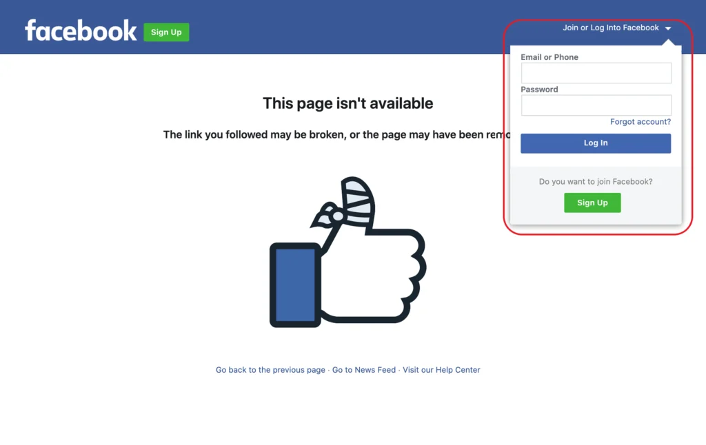 Facebook error page indicating broken or inaccessible personal profile link