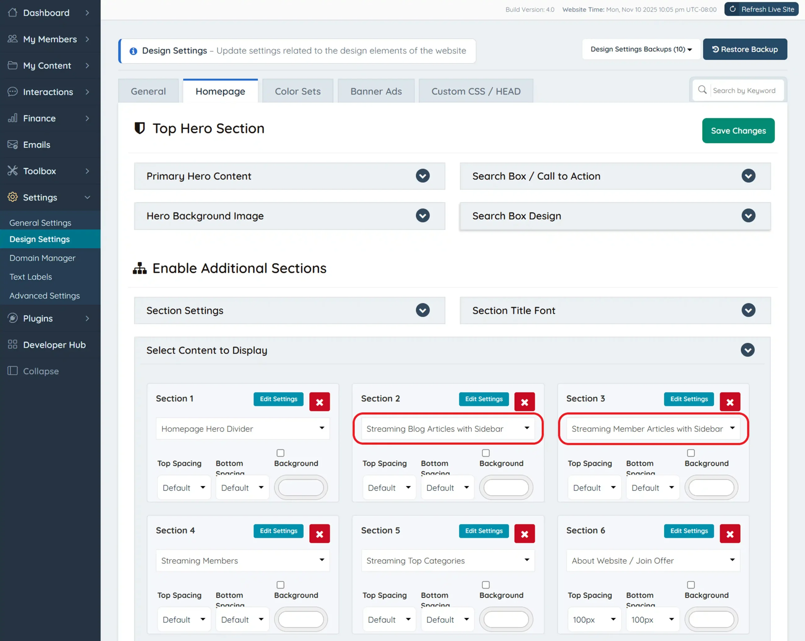 Homepage design settings showing sidebar layout selection options