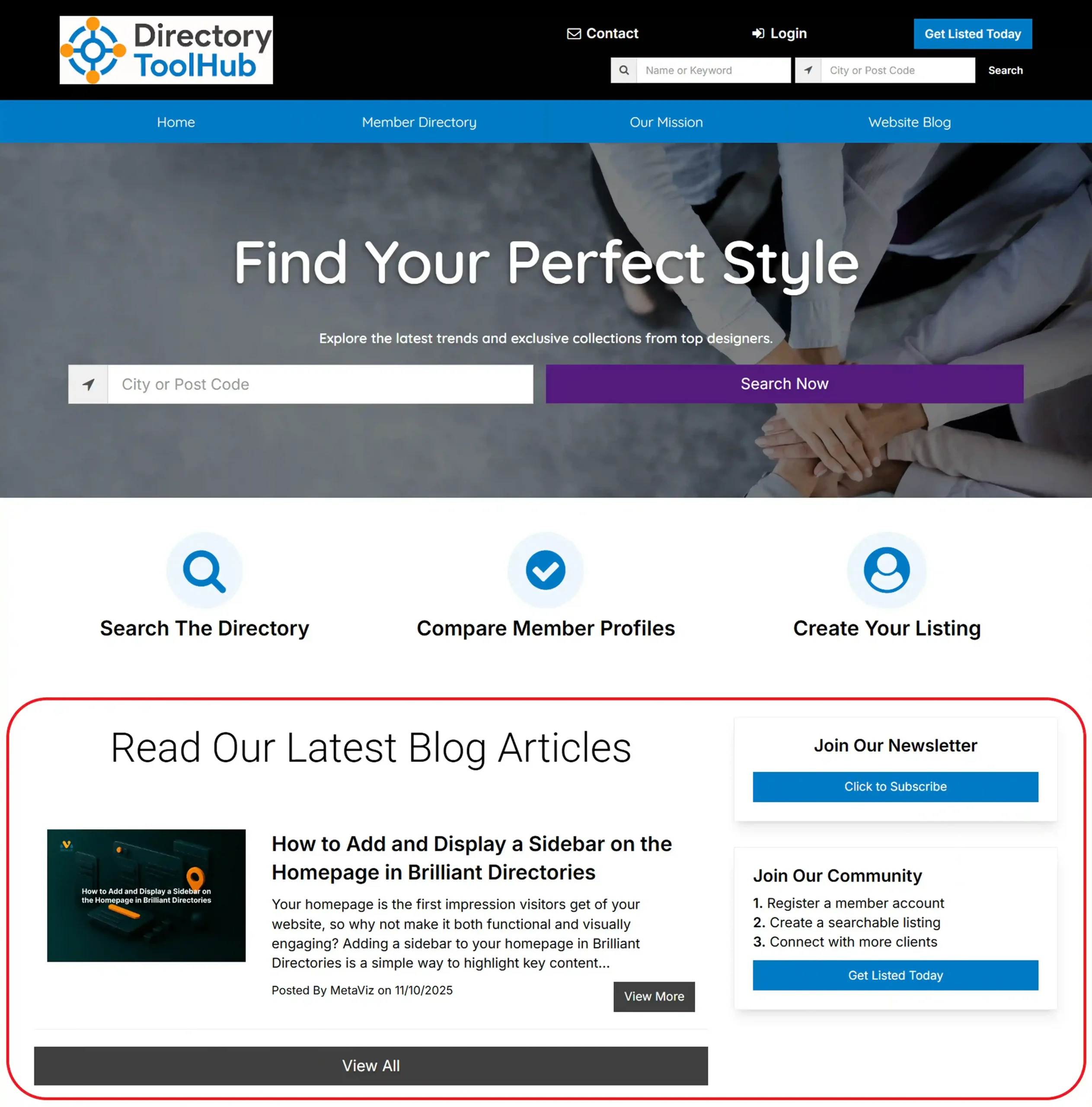Homepage layout displaying blog articles with active sidebar section