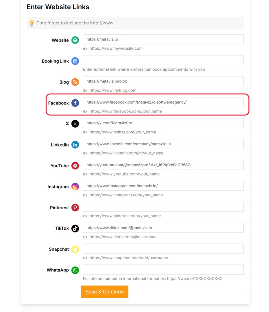 Member adding a Facebook company page link inside Brilliant Directories website links form