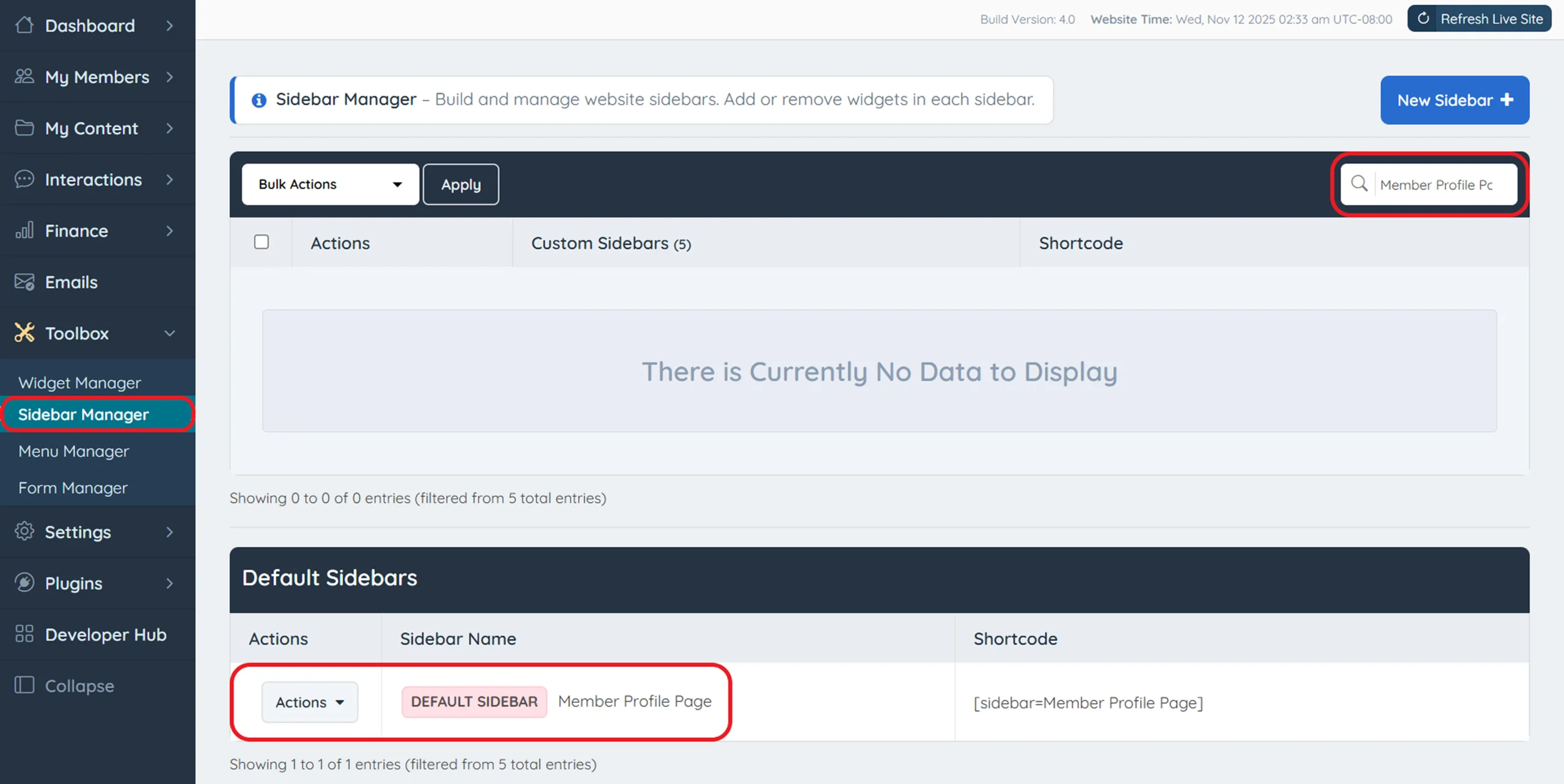 Sidebar Manager in Brilliant Directories showing the Member Profile Page sidebar
