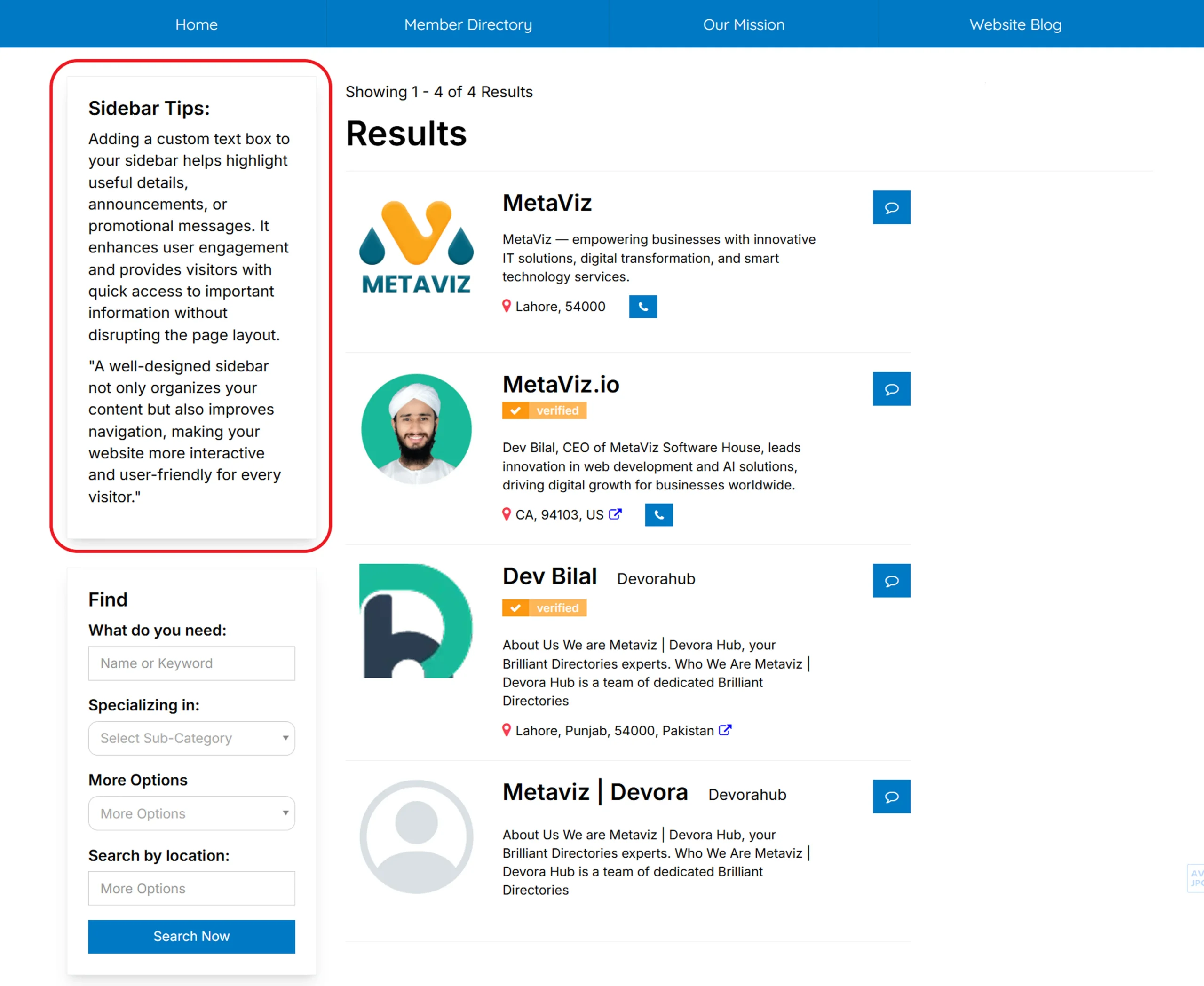 Sidebar displaying custom text box with “Sidebar Tips” content