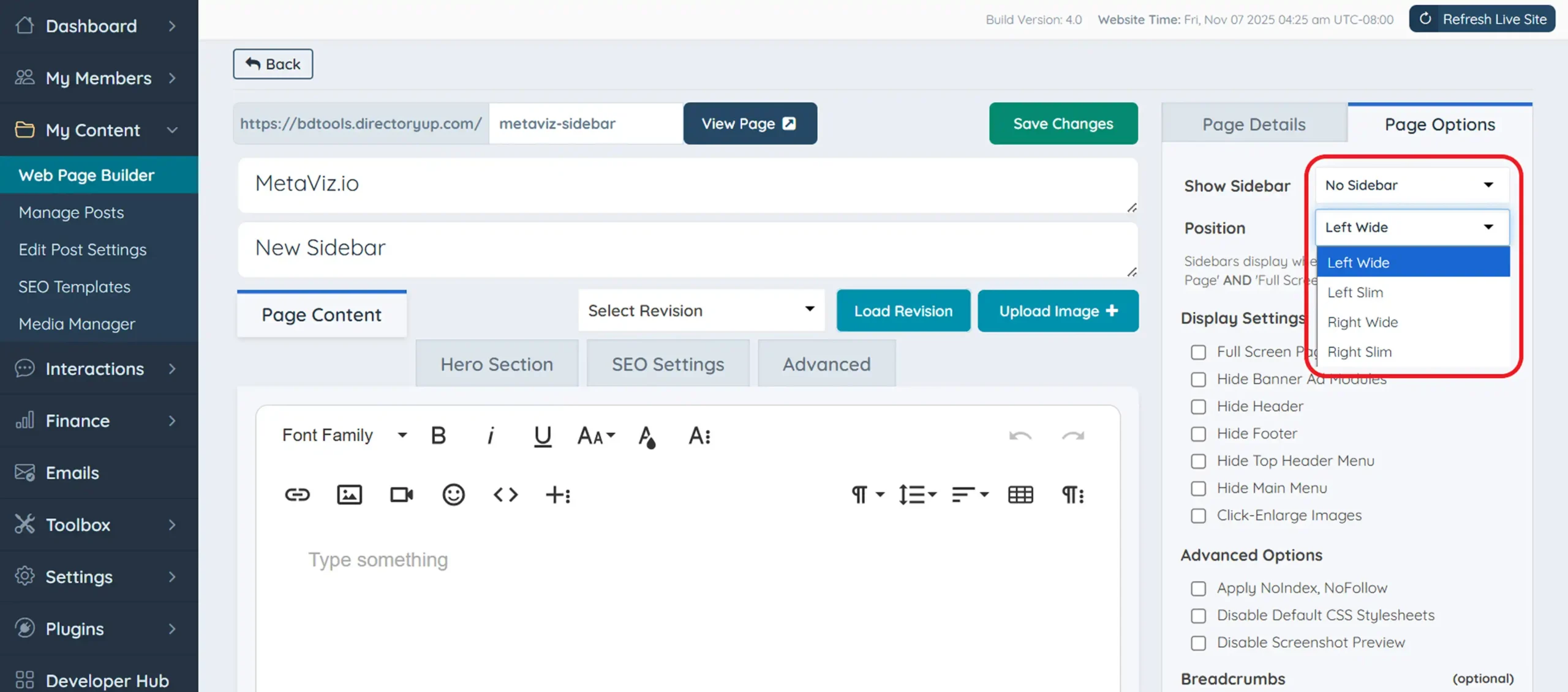 Sidebar position menu with left and right layout options