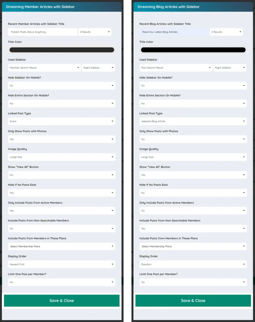 Sidebar settings for member and blog articles configuration