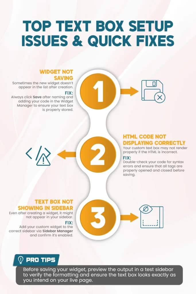 Top text box setup issues and quick fixes infographic