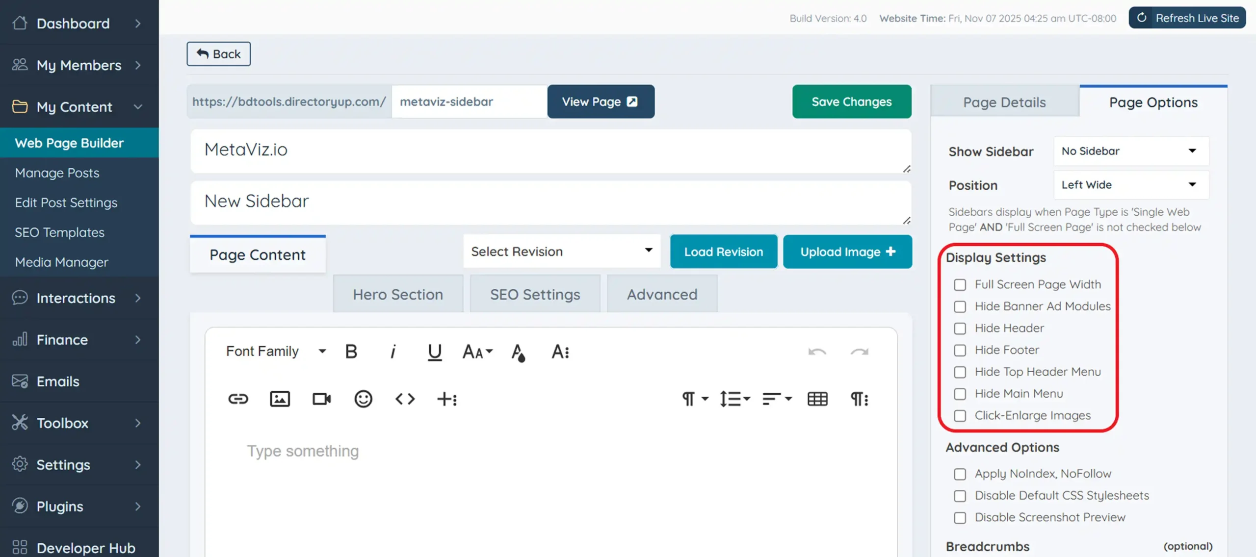 Web page builder panel highlighting display options section